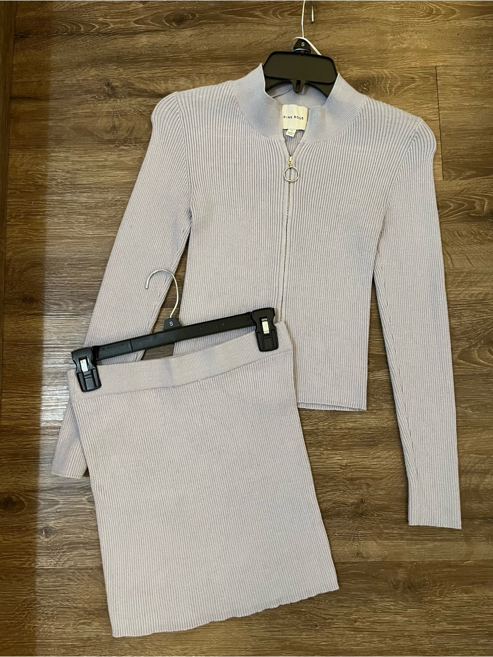 Pink Rose Ribbed Zip-Front Matching Set in Light Blue - skirt and sweater